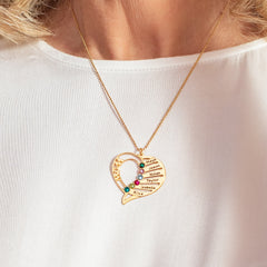 שרשרת בצורת לב עם אבני לידה וחריטה אישית-לאמא בציפוי זהב 18 קראט