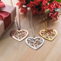 שרשרת עץ משפחה בצורת לב כסף 925 בציפוי זהב ואבני לידה