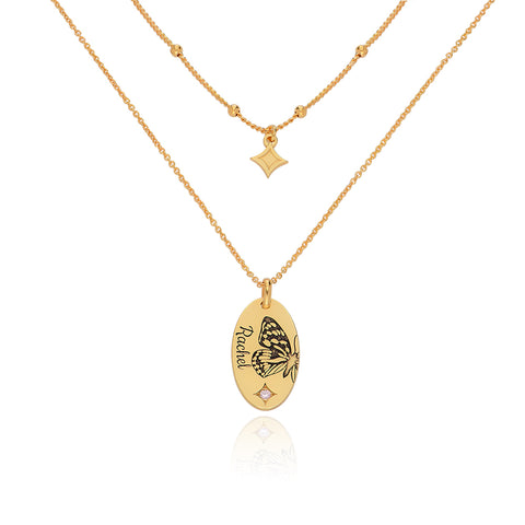 שרשרת פרפר בשילוב חריטה אישית עם אבן לידה בציפוי זהב ורמיל