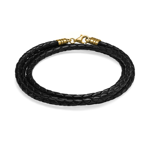 צמיד עור שחור קלוע לגבר ציפוי זהב