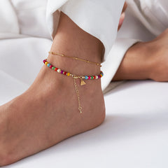 צמיד רגל חרוזים צבעוניים עם תליון חריטת אות מתנה מושלמת לאישה