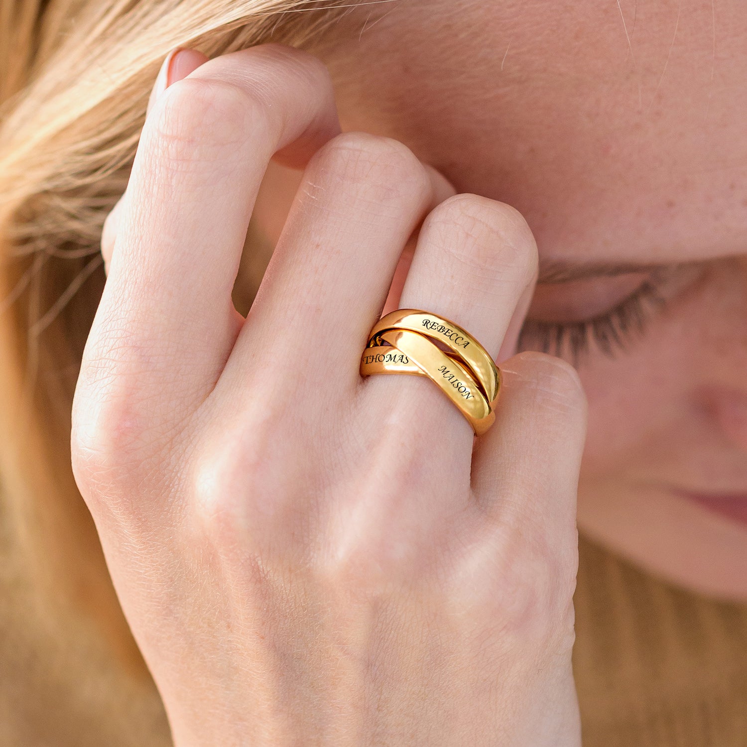 טבעת רוסית בחריטה אישית- 3 טבעות משולבות עם חריטה מציפוי זהב ורמייל