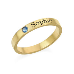 טבעת שם בחריטה אישית עם אבן לידה - ציפוי זהב 18K
