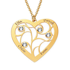שרשרת עץ משפחה בצורת לב כסף 925 בציפוי זהב ואבני לידה