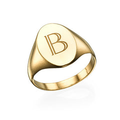 טבעת חותם אובלית לאישה עם חריטה - ציפוי זהב 18K