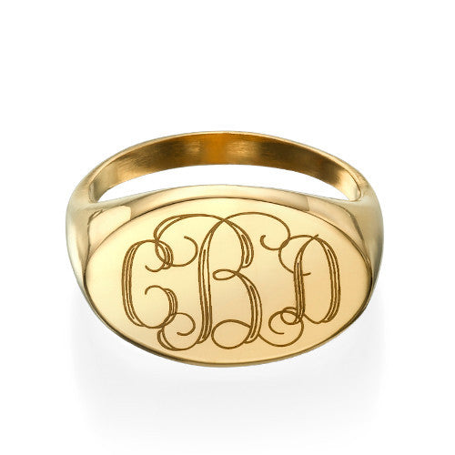 טבעת חותם לאישה עם חריטת מונוגרם - ציפוי זהב 18K