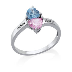 טבעת עם חריטה אישית ו2 אבנים בצורת לב מכסף 925