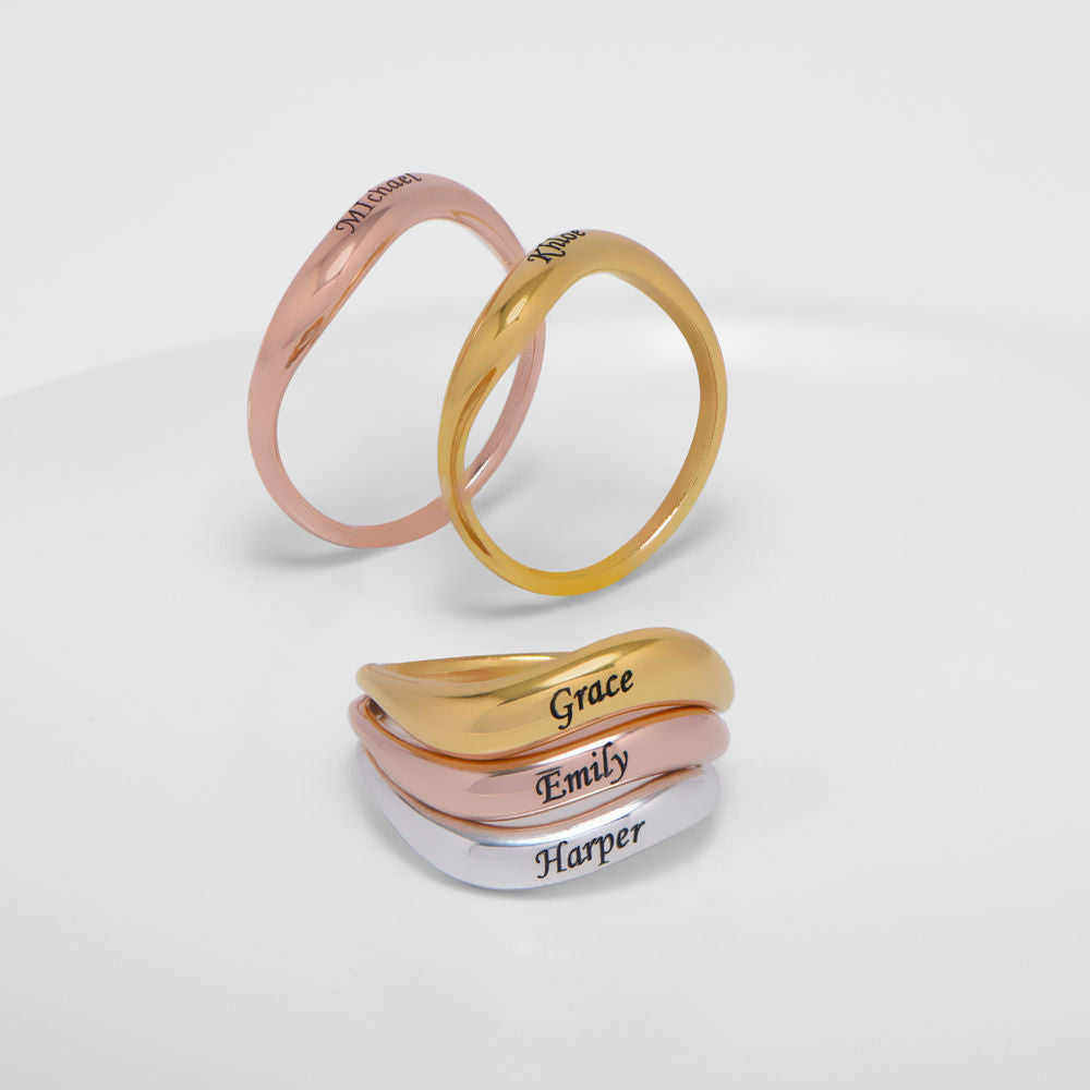 טבעת בצורת גל עם חריטה בכסף 925 -טבעת בודדת או כסט